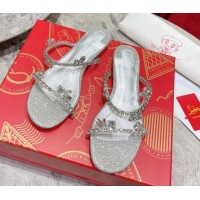 Good Quality Christian Louboutin Just Queen Shiny Leather Flat Slide Sandals Silver 060191