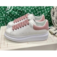 Top Grade Alexander McQueen Oversized Sneakers in White Silky Calfskin with Suede Back Light Pink 072314