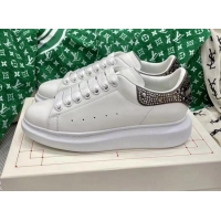 Best Price Alexander McQueen Oversized Sneakers in White Silky Calfskin with Grey Crystal Back 072324