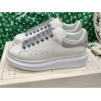 Grade Quality Alexander McQueen Oversized Sneakers in White Silky Calfskin with Sequins Suede Back Silver 072328