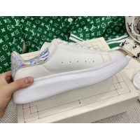 Discount Alexander McQueen Oversized Sneakers in White Silky Calfskin with Silver Shiny Back 072331 