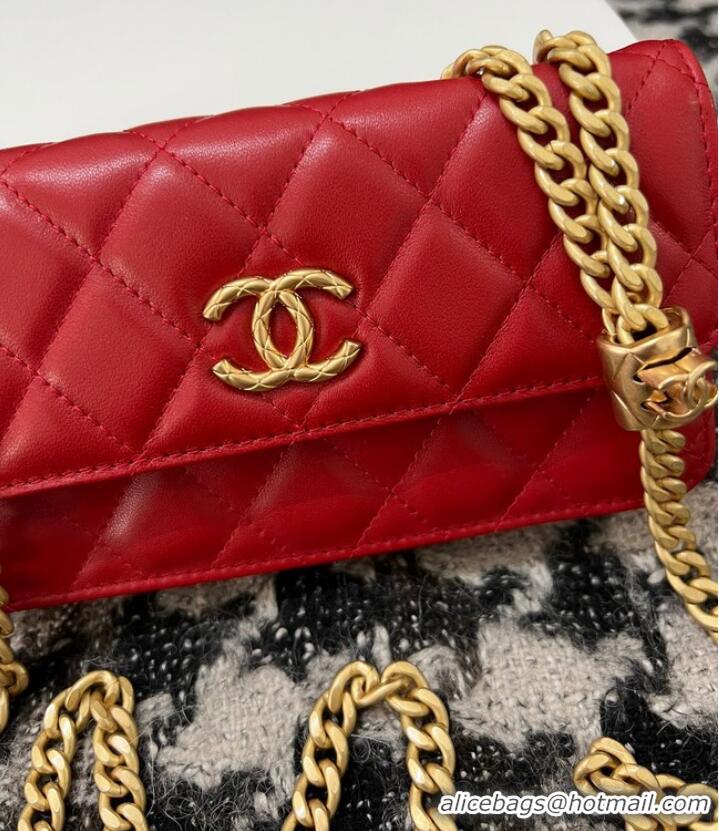 Famous Brand Chanel WALLET ON CHAIN Lambskin & Gold-Tone Metal 68107 red