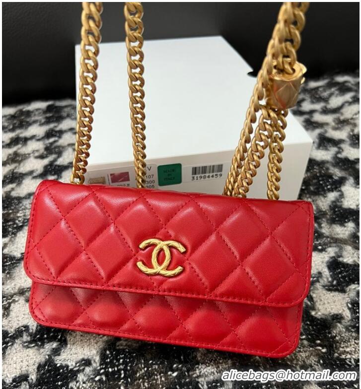 Famous Brand Chanel WALLET ON CHAIN Lambskin & Gold-Tone Metal 68107 red