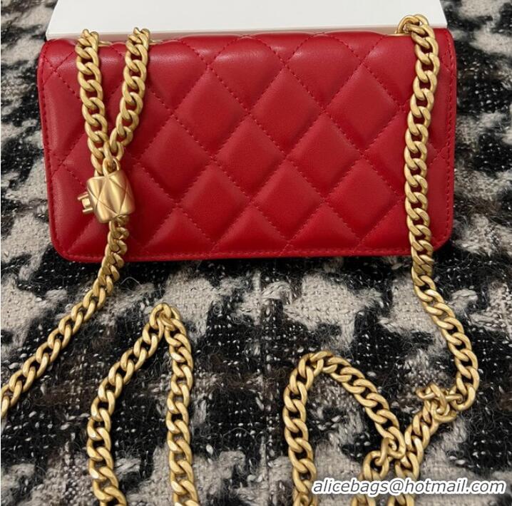 Famous Brand Chanel WALLET ON CHAIN Lambskin & Gold-Tone Metal 68107 red