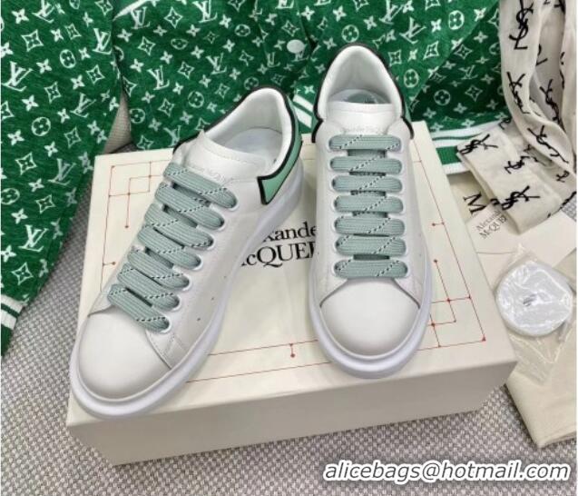 Top Grade Alexander McQueen Oversized Sneakers in White Silky Calfskin with Contrasting Green Back 072347