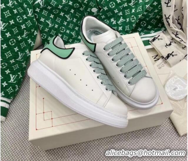 Top Grade Alexander McQueen Oversized Sneakers in White Silky Calfskin with Contrasting Green Back 072347