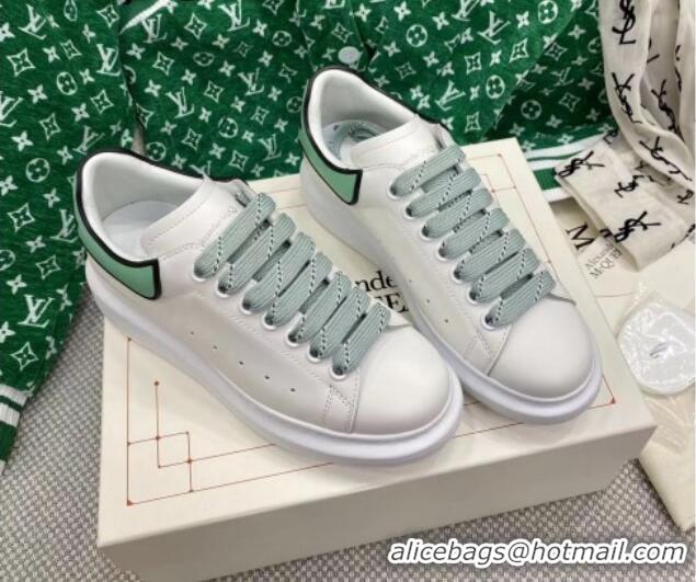 Top Grade Alexander McQueen Oversized Sneakers in White Silky Calfskin with Contrasting Green Back 072347