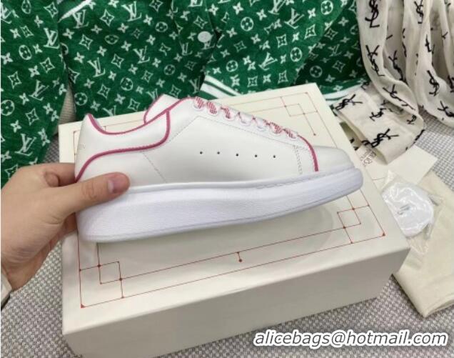 Classic Hot Alexander McQueen Oversized Sneakers in White Silky Calfskin with Pink Trim 072350