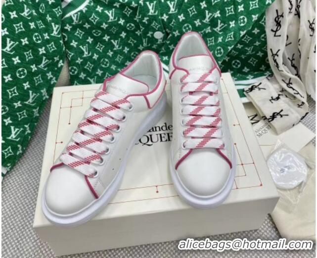 Classic Hot Alexander McQueen Oversized Sneakers in White Silky Calfskin with Pink Trim 072350