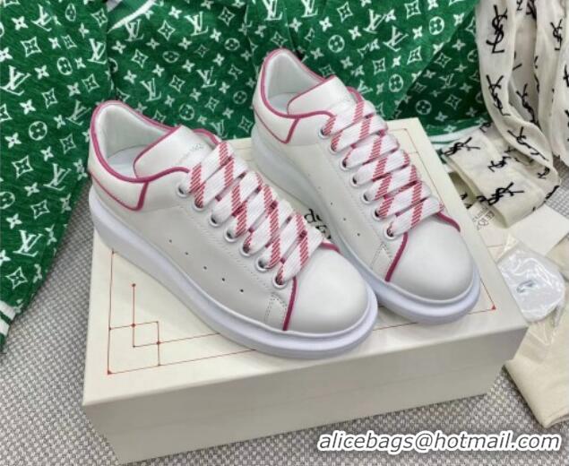 Classic Hot Alexander McQueen Oversized Sneakers in White Silky Calfskin with Pink Trim 072350