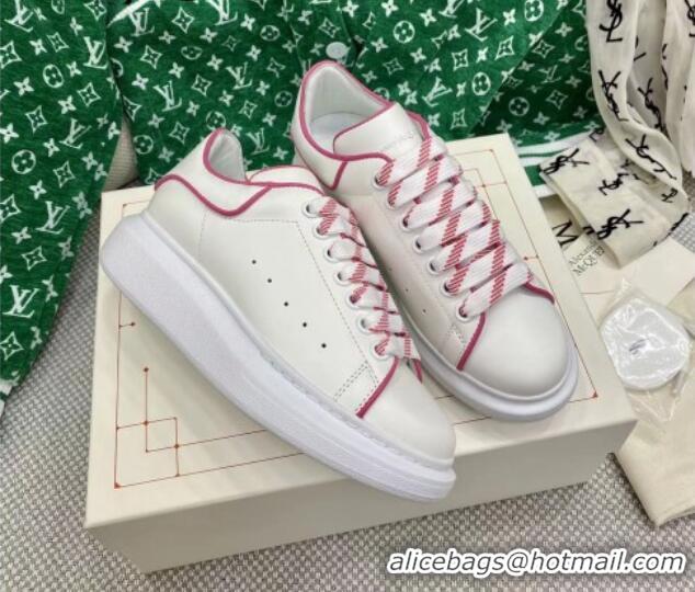 Classic Hot Alexander McQueen Oversized Sneakers in White Silky Calfskin with Pink Trim 072350