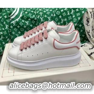 Grade Quality Alexander McQueen Oversized Sneakers in White Silky Calfskin with Pink Trim 2072351