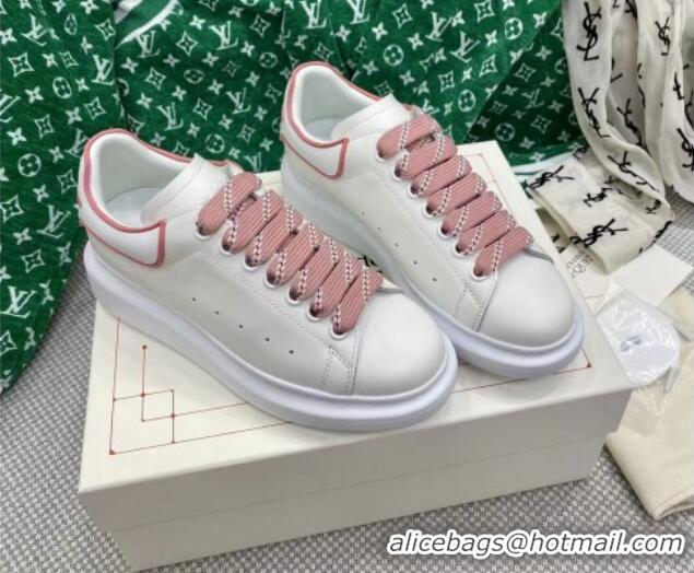 Grade Quality Alexander McQueen Oversized Sneakers in White Silky Calfskin with Pink Trim 2072351