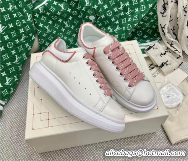 Grade Quality Alexander McQueen Oversized Sneakers in White Silky Calfskin with Pink Trim 2072351