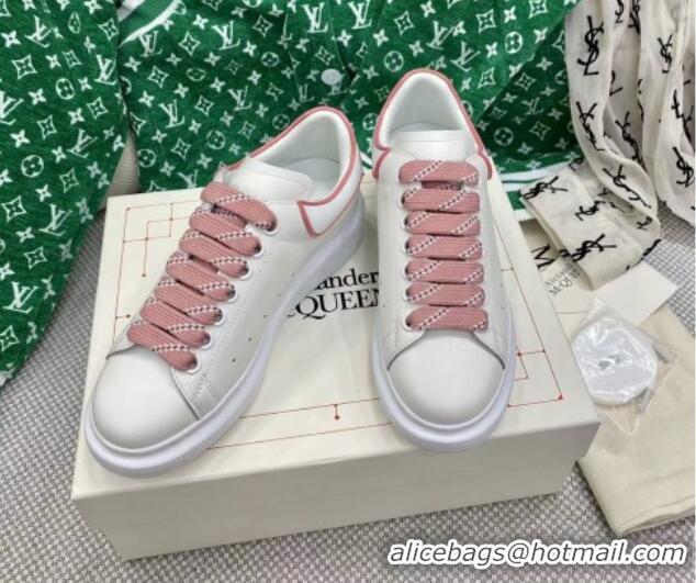 Grade Quality Alexander McQueen Oversized Sneakers in White Silky Calfskin with Pink Trim 2072351