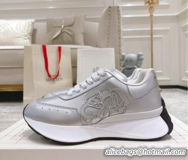 Good Looking Alexander McQueen Spring Calf Leather Sneakers Silver 090973