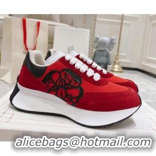 Classic Hot Alexander McQueen Spring Suede and Fabric Sneakers Red 090977