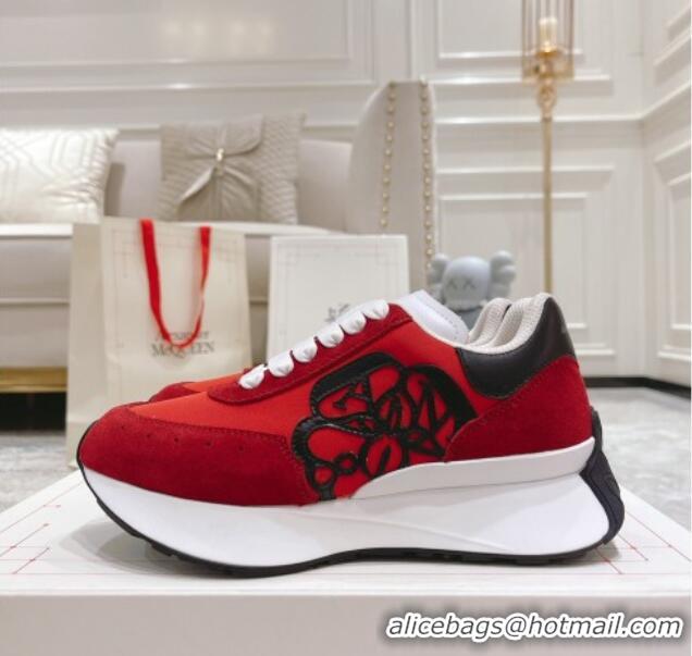 Classic Hot Alexander McQueen Spring Suede and Fabric Sneakers Red 090977