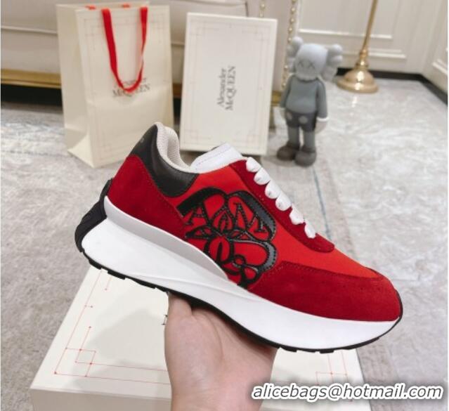 Classic Hot Alexander McQueen Spring Suede and Fabric Sneakers Red 090977