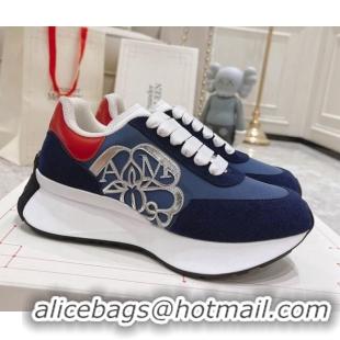 Good Product Alexander McQueen Spring Suede and Fabric Sneakers Navy Blue 090978