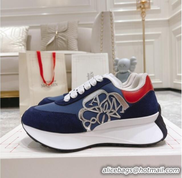 Good Product Alexander McQueen Spring Suede and Fabric Sneakers Navy Blue 090978