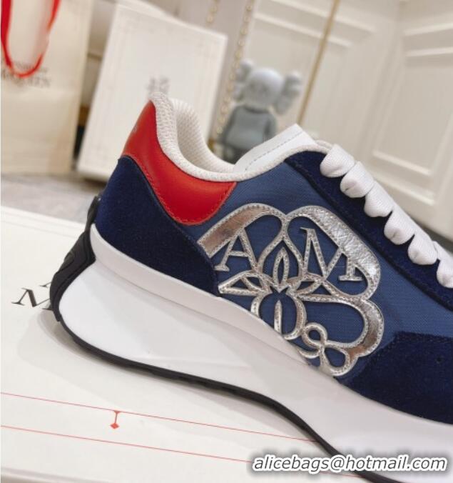 Good Product Alexander McQueen Spring Suede and Fabric Sneakers Navy Blue 090978