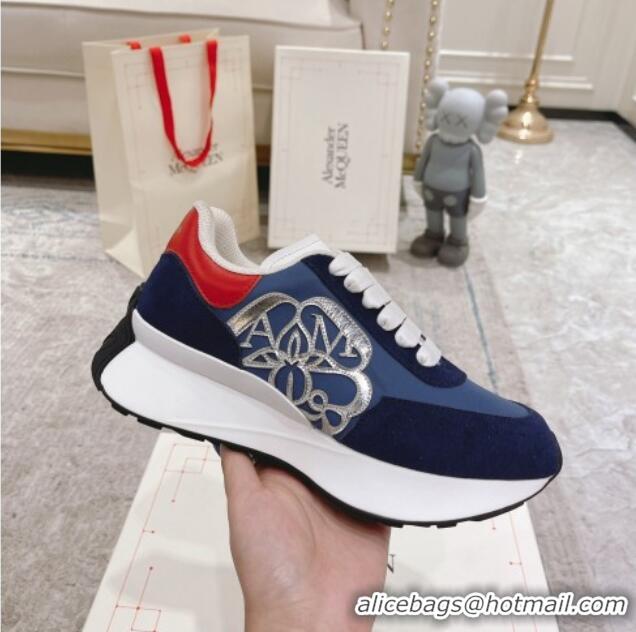 Good Product Alexander McQueen Spring Suede and Fabric Sneakers Navy Blue 090978