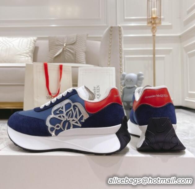 Good Product Alexander McQueen Spring Suede and Fabric Sneakers Navy Blue 090978