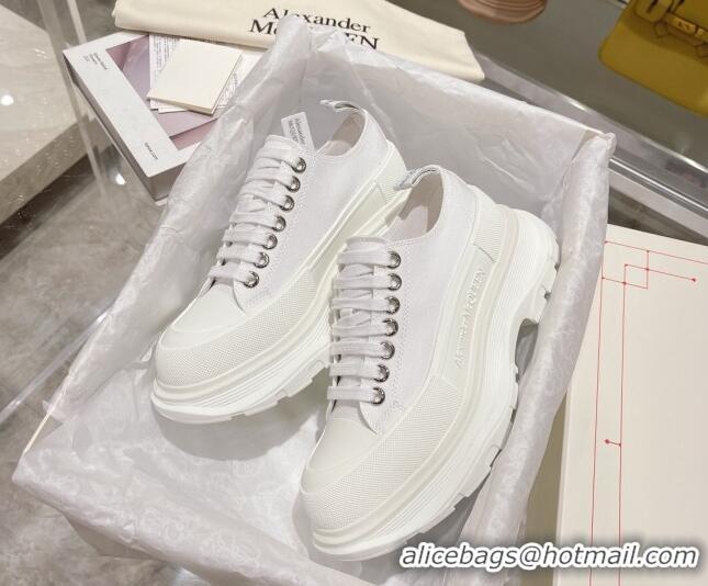 Popular Style Alexander McQueen Tread Slick Canvas Lace Up Sneakers All White 090979