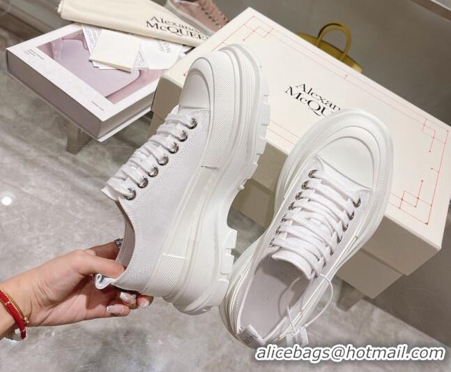 Popular Style Alexander McQueen Tread Slick Canvas Lace Up Sneakers All White 090979