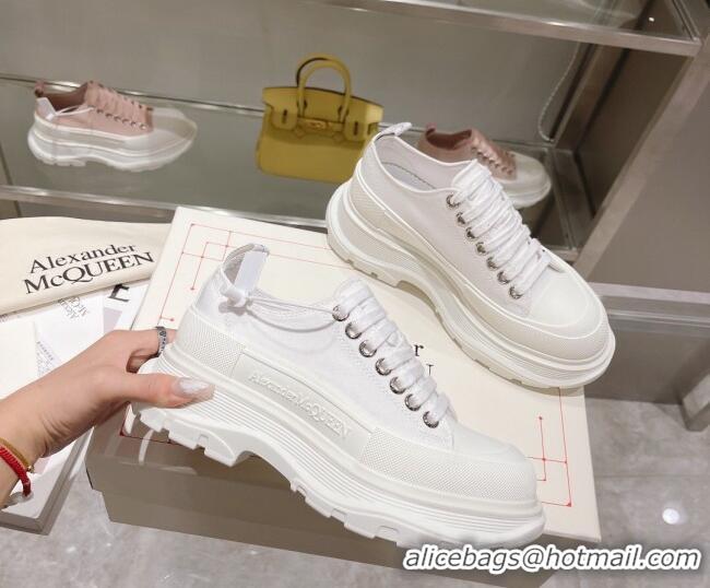 Popular Style Alexander McQueen Tread Slick Canvas Lace Up Sneakers All White 090979