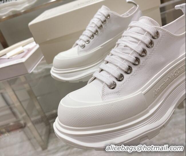 Popular Style Alexander McQueen Tread Slick Canvas Lace Up Sneakers All White 090979