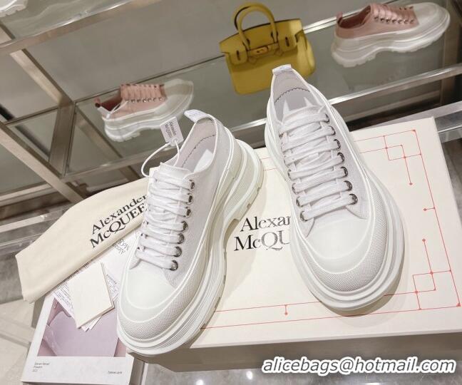 Popular Style Alexander McQueen Tread Slick Canvas Lace Up Sneakers All White 090979