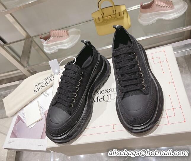 Top Grade Alexander McQueen Tread Slick Canvas Lace Up Sneakers All Black 090982