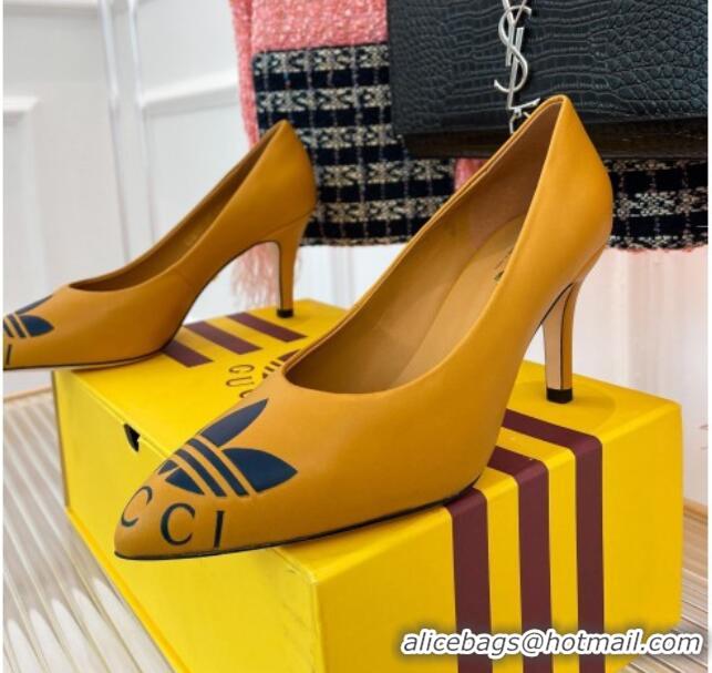 Good Quality adidas x Gucci Leather Trefoil High Heel Pumps 8.5cm Yellow 082582