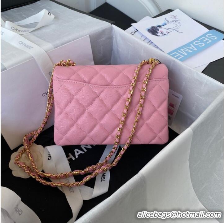 Famous Brand Chanel SMALL FLAP BAG Grained Calfskin & Gold-Tone Metal AS3580 pink