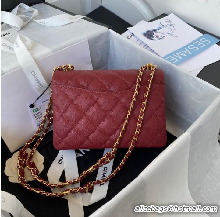 Luxurious Chanel SMALL FLAP BAG Grained Calfskin & Gold-Tone Metal AS3580 Burgundy