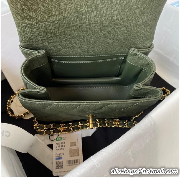 Affordable Price Chanel SMALL FLAP BAG Grained Calfskin & Gold-Tone Metal AS3580 blackish green