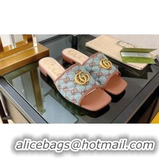 Discount Gucci GG Fabric Flat Slide Sandals Blue/Brown 072191