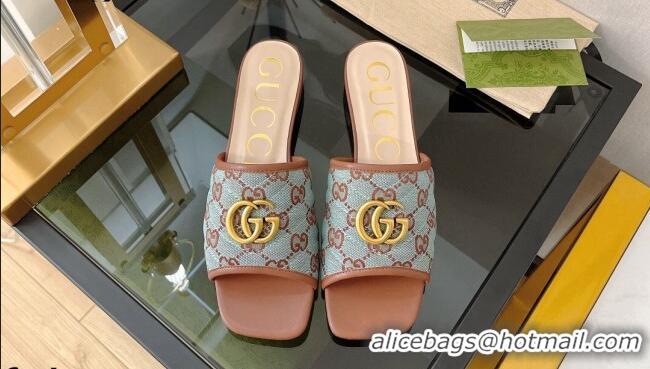 Discount Gucci GG Fabric Flat Slide Sandals Blue/Brown 072191