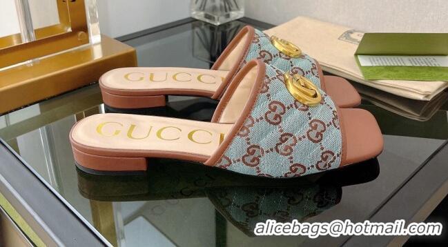 Discount Gucci GG Fabric Flat Slide Sandals Blue/Brown 072191