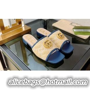 Sumptuous Gucci Raffia-Like Flat Slide Sandals Beige/Blue 072187