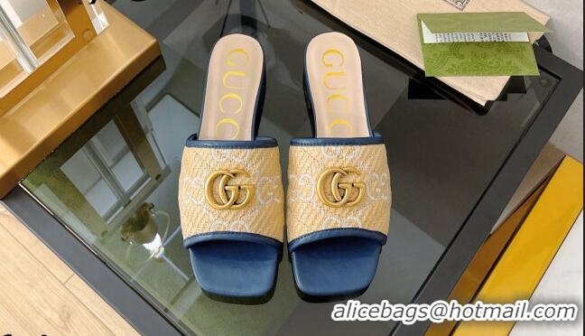 Sumptuous Gucci Raffia-Like Flat Slide Sandals Beige/Blue 072187