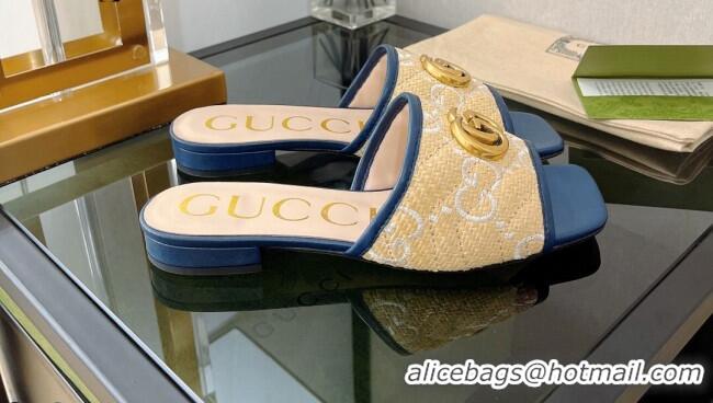 Sumptuous Gucci Raffia-Like Flat Slide Sandals Beige/Blue 072187