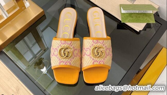 Luxury Gucci Raffia-Like Flat Slide Sandals Beige/Yellow 072188