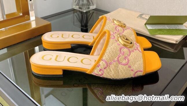 Luxury Gucci Raffia-Like Flat Slide Sandals Beige/Yellow 072188