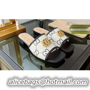 Perfect Gucci Leather Flat Slide Sandals White/Black 072190