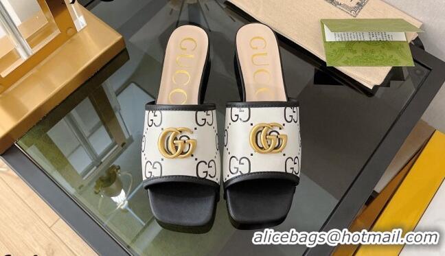 Perfect Gucci Leather Flat Slide Sandals White/Black 072190