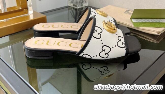 Perfect Gucci Leather Flat Slide Sandals White/Black 072190