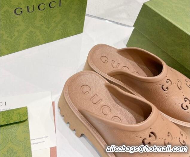 Stylish Gucci Rubber Platform Perforated G Mules Brown 0809124